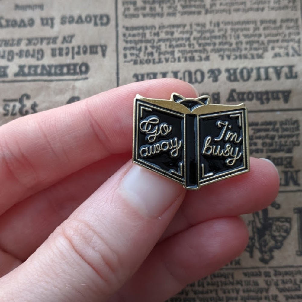 Go Away I'm busy cat bookworm lapel pin brooch